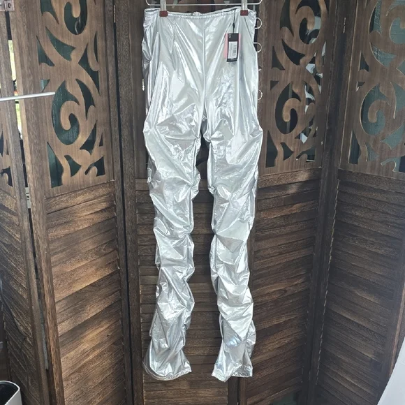 PrettyLittleThing Silver Flare Pants - Picture 2 of 9
